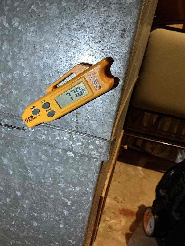Responded to no cooling call where unit was running but delivering warm air. Upon inspection, discovered supply air temperature at 170°F, indicating heating mode operation instead of cooling. Verified thermostat settings, corrected reversing valve or control issue causing system to operate in heat mode during cooling demand, and restored proper cooling operation to outdoor condensing unit.