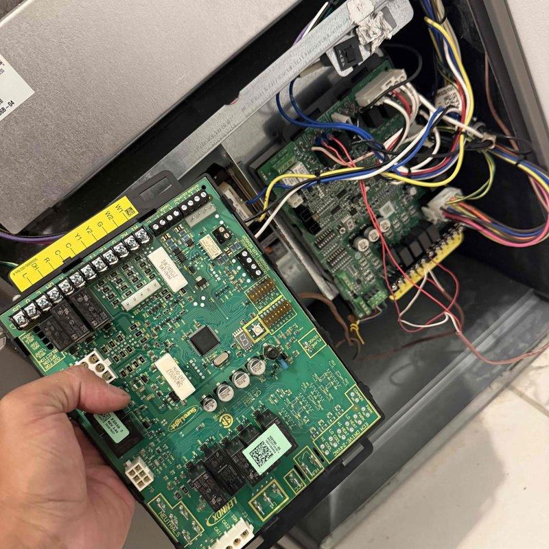 Replaced defective circuit board on Lennox furnace system under warranty coverage. Retrieved replacement board from Lennox distribution center and installed new control board, restoring full system operation. Verified all electrical connections and tested system functionality upon completion.