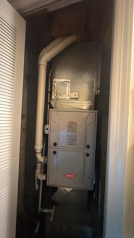 Conducted site assessment for ductwork relocation estimate in residential property. Evaluated existing HVAC system configuration, including Bryant furnace installation in utility closet with current ductwork routing. Documented current equipment placement, plenum connections, and ductwork layout to determine scope of work required for disconnection and relocation of existing duct system to meet customer specifications.