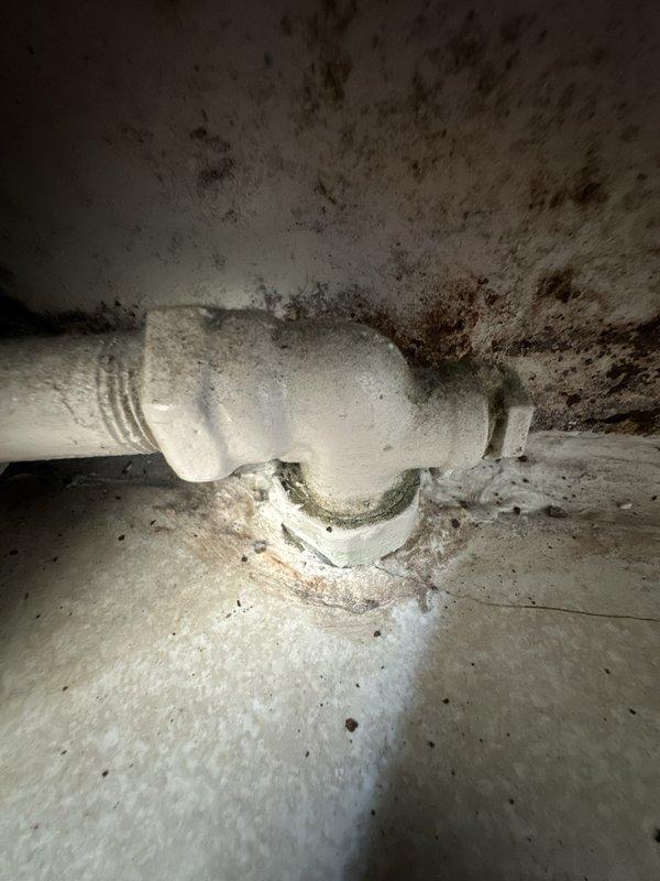 Conducted site assessment for boiler system estimate in older building with bathroom radiator installation. Documented existing conditions including access opening in first floor with exposed plumbing connections, two half-inch supply tubes extending from radiator unit, and layered flooring installation over original tile. Photographed significant mold growth on HVAC ductwork and ceiling surfaces indicating moisture intrusion issues, as well as plumbing access point showing discoloration and staining requiring attention during any future radiator work.