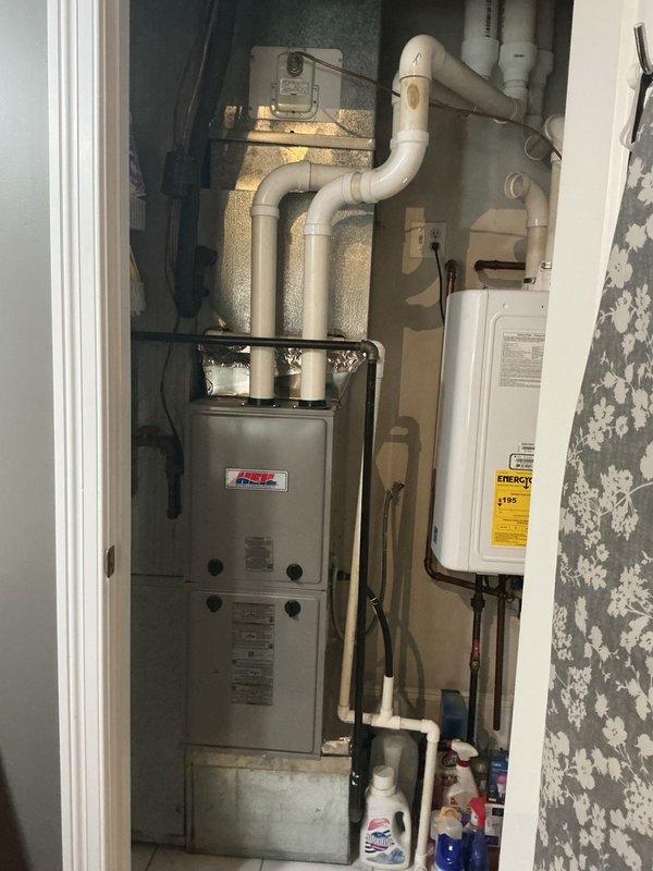 Responded to service call for malfunctioning thermostat. Upon arrival, evaluated smart programmable thermostat and verified proper communication with HVAC system located in utility closet. Confirmed thermostat display functioning correctly, showing current temperature of 72°F with programmed schedule active until 1:30 pm setpoint of 67°F. Tested system operation, checked wiring connections at thermostat and furnace terminal board, and verified proper system response to temperature calls. Documented equipment information including furnace unit and water heater in mechanical closet, photographed installation for service records, presented maintenance plan options, and discussed available promotions for new customers.