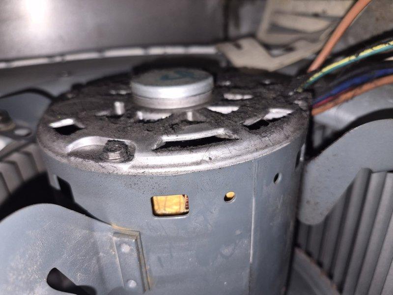 Responded to no heat call on residential HVAC system approximately 15-18 years old. Upon inspection, diagnosed failed 3/4 HP blower motor preventing system operation. Removed access panel and performed visual inspection revealing significant rust staining on blower housing and accumulated debris throughout cabinet. Motor exhibited no operational function and required replacement. Provided customer with replacement options and discussed system age considerations. Unit interior showed typical wear patterns consistent with age, including dust accumulation and oxidation on metal surfaces. Customer advised of repair requirements and given recommendation to contact management regarding potential system replacement given advanced age of equipment.