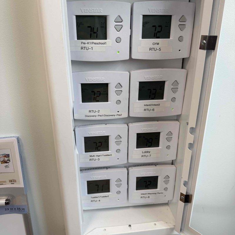 Replaced failed control circuit board on RTU-1 serving Pre-K1/Preschool1 zone in multi-zone HVAC system. Carefully removed and installed new HK50AR054 Class 2 control board with integrated relays, ensuring all wire harness connections were properly seated and system restored to normal operation.