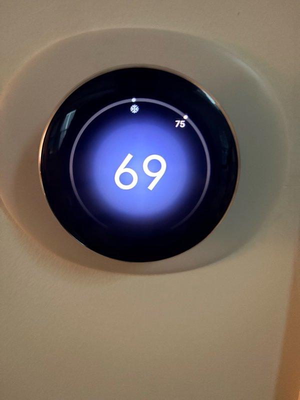 Responded to no cooling complaint on 9-year-old first floor unit. Found thermostat calling for cooling with setpoint at 69°F and current temperature at 75°F, but system not producing cold air. Inspected control board wiring and terminal connections at air handler, verified proper wire placement and secure connections to control board terminals and contactor relay.