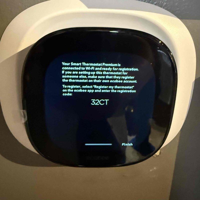 Replaced defective Ecobee smart thermostat under manufacturer warranty. Removed failed unit from wall, disconnected wiring, and installed replacement thermostat. Completed initial setup and Wi-Fi configuration on new device, verifying proper display function and connectivity. Returned original defective unit to shop for warranty claim processing.