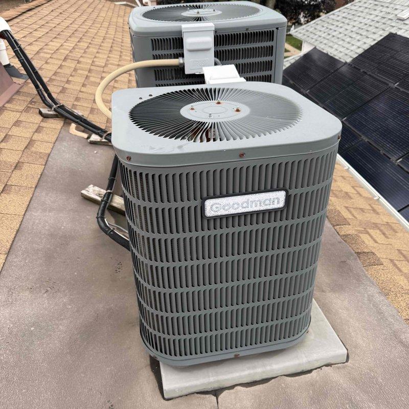 Responded to no-cooling call for rooftop Goodrich AC unit. Upon inspection, found failed dual-run capacitor preventing compressor and condenser fan operation. Replaced defective capacitor with properly rated unit, restored power, and verified system operation with normal amperage draw and temperature split. Documented equipment information, discussed preventative maintenance options with customer, and system returned to full cooling capacity.