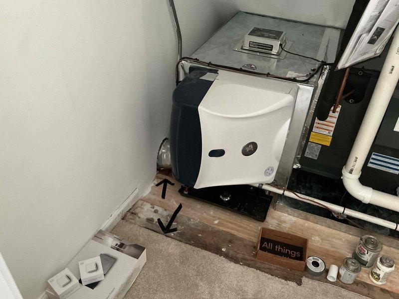 Responded to water leak alert from Resideo sensor in attic indicating active leak detection. Upon inspection, identified leak source associated with humidifier system and related plumbing connections. Assessed mechanical equipment, PVC piping, and affected area; verified thermostat operation and system functionality following leak investigation.