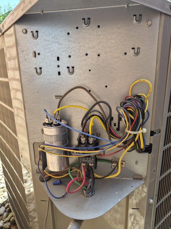 Replaced failed capacitor on outdoor HVAC unit and installed new black pipe for gas line. Completed payment collection for previously invoiced work, with all electrical connections verified and system tested for proper operation.