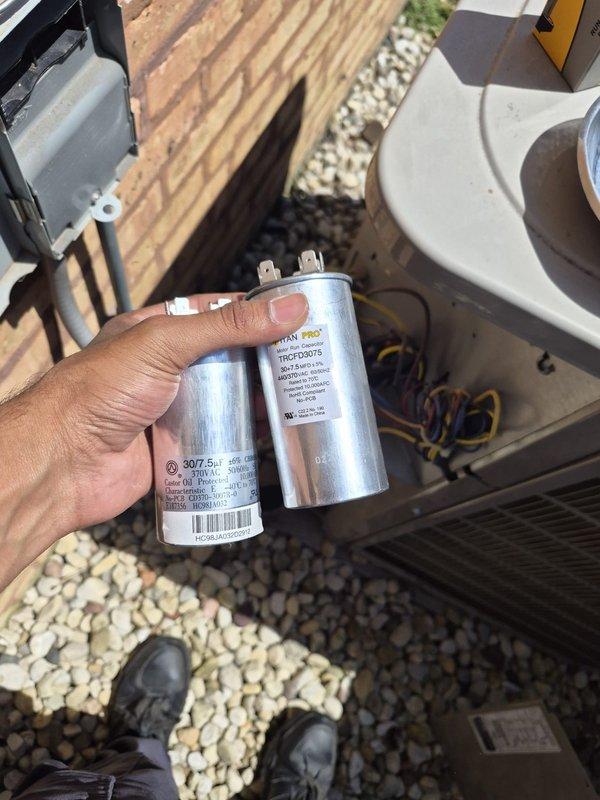 Replaced failed capacitor on outdoor HVAC unit and installed new black pipe for gas line. Completed payment collection for previously invoiced work, with all electrical connections verified and system tested for proper operation.