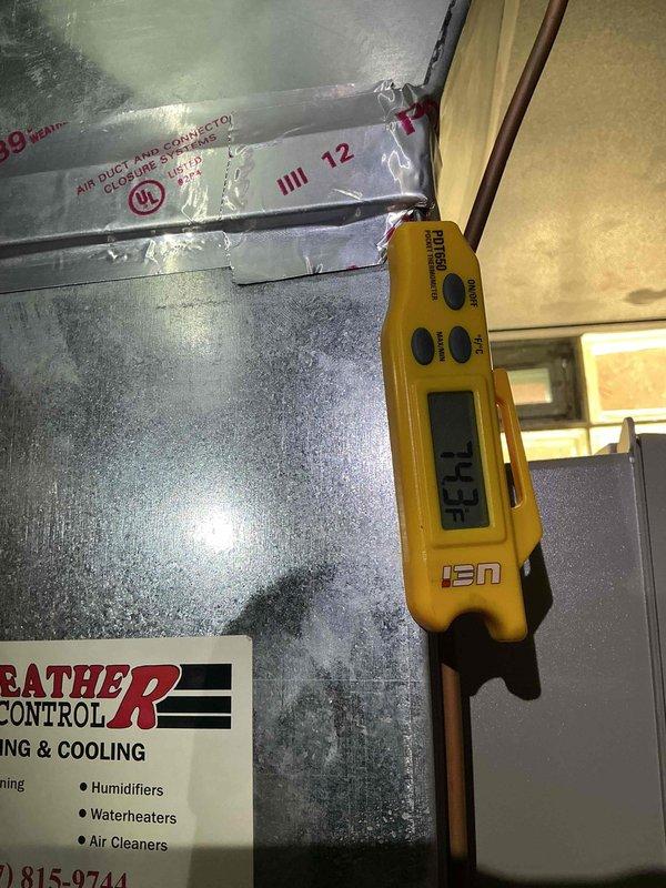 Completed Gold Clean and Check maintenance service on Bryant furnace system, humidifier, and water heater per comfort plan agreement. Performed comprehensive inspection of furnace including burner assembly, heat exchanger, blower motor, and all safety controls. Verified proper operation of PVC intake and exhaust venting system. Checked and documented system temperatures with digital instrumentation, recording supply plenum temperature of 38.9°F indicating unit was in cooling mode or awaiting heat call. Inspected ductwork and noted moisture accumulation on supply plenum, which is normal condensation during cooling operation or high humidity conditions. Serviced humidifier unit and confirmed proper water supply and drainage. Inspected water heater for proper operation and safety. All equipment found operating within manufacturer specifications with no immediate repairs required at time of service.