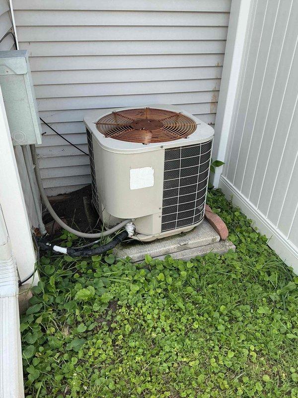 Responded to service call for air conditioning system not operating properly. Upon arrival, performed comprehensive diagnostic evaluation of split system including outdoor condensing unit and indoor air handler. Inspected outdoor unit positioned on concrete pad against building exterior, noting significant vegetation overgrowth around equipment that could potentially restrict airflow and reduce system efficiency. Examined refrigerant lines, electrical connections, and conduit routing along exterior wall. Assessed indoor furnace and air handling components in basement utility area, checking ductwork connections, electrical panel integration, and copper refrigerant piping. Documented equipment condition through photographs showing both outdoor condensing unit with cylindrical housing and mesh panel configuration, and indoor furnace with associated ductwork and utility connections. Completed system evaluation and provided customer with findings and recommended service options to restore p