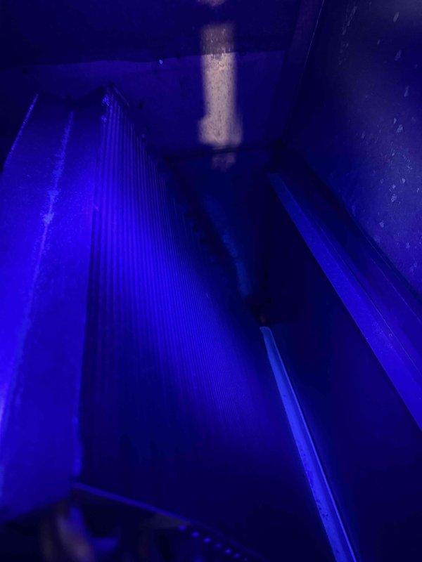 Performed comprehensive warranty leak inspection on HVAC system using electronic leak detector, bubble solution, and visual search methods. Utilized UV lighting to inspect evaporator coil, refrigerant lines, and filter drier connections throughout the air handler unit. No refrigerant leaks detected; system operating within normal parameters and warranty service completed successfully.