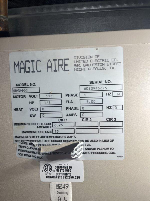 Conducted comprehensive estimate for complete air conditioning and air handler replacement system at residential property. Inspected existing Magic Aire air handler unit (Model PS-AK-B-27) located in interior utility closet, documented current equipment specifications including 115V single-phase operation with 1/3 HP motor, and assessed refrigerant line connections, electrical wiring, and ductwork configuration. Customer inquired about seasonal group replacement specials typically offered during fall and spring promotional periods.