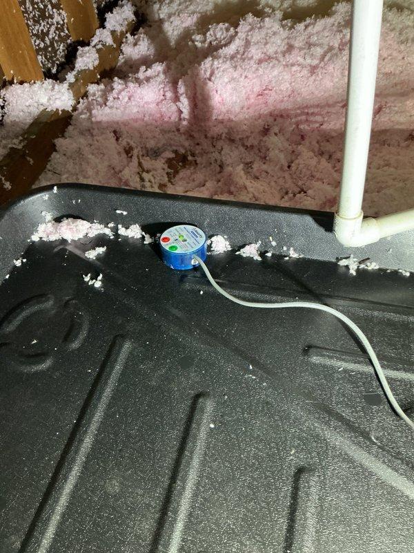 Completed installation of 3x5 drain pan and wet switch in attic HVAC system as previously scheduled repair work. Investigated and addressed reported water leak concern from previous service visit, identifying moisture accumulation in the area surrounding the air handler. Installed safety wet switch to provide secondary condensate overflow protection and prevent future water damage to the structure. Verified proper drainage function and confirmed all components operating correctly upon completion of repairs.