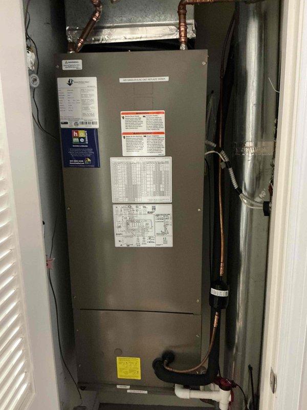 Completed no-charge callback to relocate air handler unit to improve filter accessibility. Repositioned unit within mechanical room to allow proper clearance for routine filter maintenance. Installed line dryer in refrigerant circuit and performed comprehensive system check including refrigerant charge verification, delta T measurements, and superheat readings to ensure optimal system performance following equipment relocation.