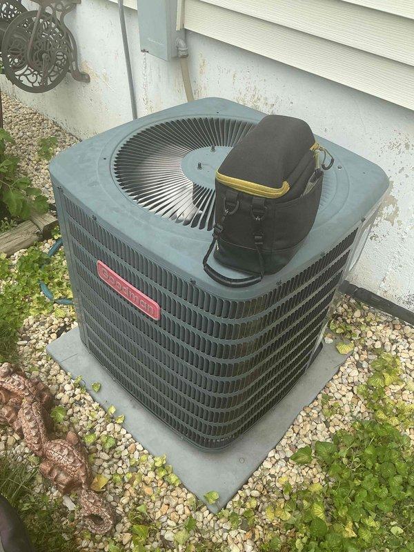 Completed spring clean and check service on Goodman air conditioning system per Comfort Plan agreement. Installed new pleated air filter, inspected outdoor condenser unit, and verified proper system operation. All components found in good working condition with no issues identified during this semi-annual maintenance visit.