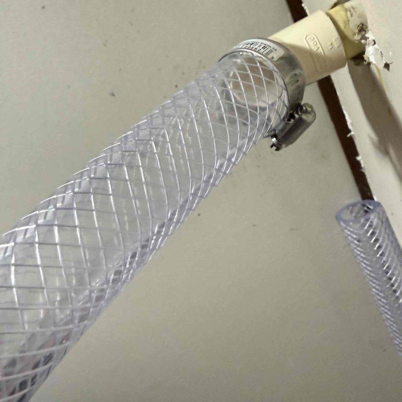 Responded to service call for humidifier leak. Upon inspection, identified water leakage at humidifier supply line connection. Replaced defective braided supply hose and PVC feed line assembly with new components, secured all connections with proper metal clamp fittings, and verified system for proper water flow and leak-free operation.
