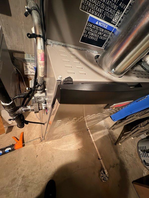 Responded to warranty callback for recently installed Lennox furnace with reported air leakage from unit not distributing to living space. Inspected furnace installation and ductwork connections, identified unsealed joints at plenum assembly allowing significant air bypass. Properly sealed all ductwork connections with mastic and foil tape, completed final installation sealing to ensure proper airflow distribution throughout the system.