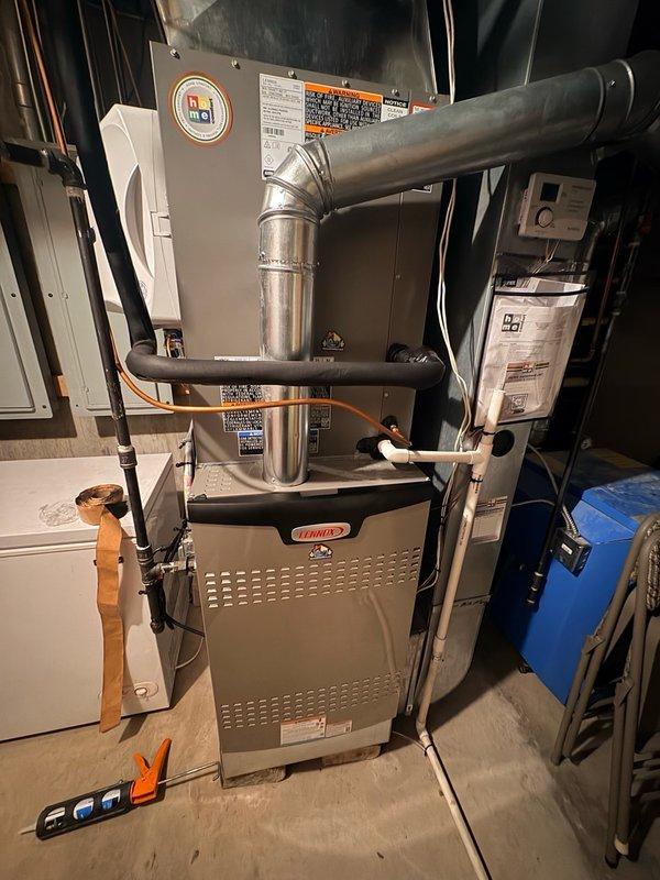 Responded to warranty callback for recently installed Lennox furnace with reported air leakage from unit not distributing to living space. Inspected furnace installation and ductwork connections, identified unsealed joints at plenum assembly allowing significant air bypass. Properly sealed all ductwork connections with mastic and foil tape, completed final installation sealing to ensure proper airflow distribution throughout the system.