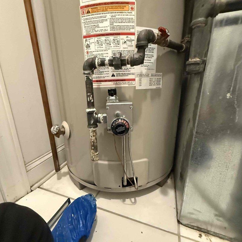 Replaced defective gas valve on 75-gallon residential water heater. Removed failed gas control assembly and installed new gas valve with proper copper tubing connections. Tested all safety controls, verified pilot ignition system operation, and confirmed proper gas flow and burner function upon completion.