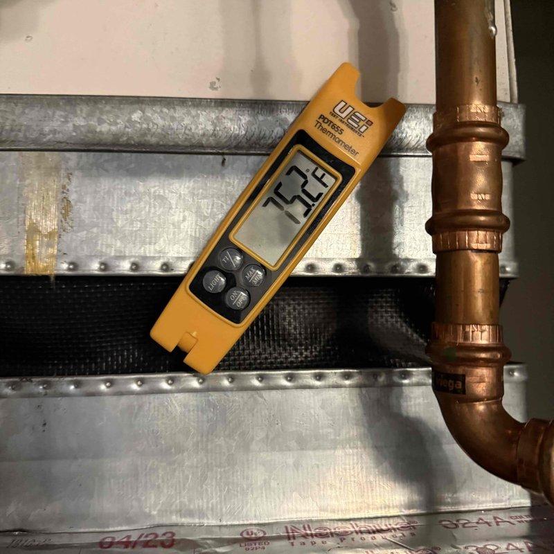 Responded to warranty service call for HVAC system with continuous fan operation and insufficient cooling. Upon inspection, verified thermostat settings, checked air filter condition, and confirmed electrical breakers were functioning properly. Performed diagnostic temperature readings at the air handler, recording 75°F at the unit. Connected manifold gauges to the outdoor condensing unit's service ports to measure refrigerant pressures and assess system performance. Evaluated refrigerant lines and electrical connections at the outdoor unit during testing procedures to diagnose the no-cool condition and determine appropriate corrective action under warranty coverage.