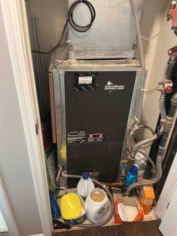 Completed comprehensive clean and check maintenance on heat pump system per Comfort Plan agreement. Performed full inspection of indoor air handler unit located in utility closet, including filter evaluation, electrical connections check, and verification of proper blower operation. Inspected refrigerant lines, PVC condensate drainage system, and service valves for proper operation and signs of wear. Verified thermostat programming and operation, confirming system responding correctly to cooling calls with fan set to auto mode and maintaining proper temperature control at 70°F current with 75°F setpoint. All system components found operating within normal parameters with no immediate service needs identified.