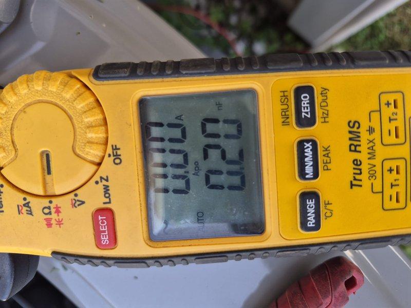 Responded to no cooling call for upstairs air conditioning system affecting entire home. Unit is approximately four years old and was originally installed by our company in 2022. Upon arrival, accessed outdoor condensing unit electrical compartment and performed diagnostic testing. Utilized digital multimeter to test electrical components and confirmed capacitor failure. Replaced defective dual run capacitor, verified proper voltage readings, and tested system operation. Unit restored to normal cooling operation with all electrical connections secured and compartment properly closed.