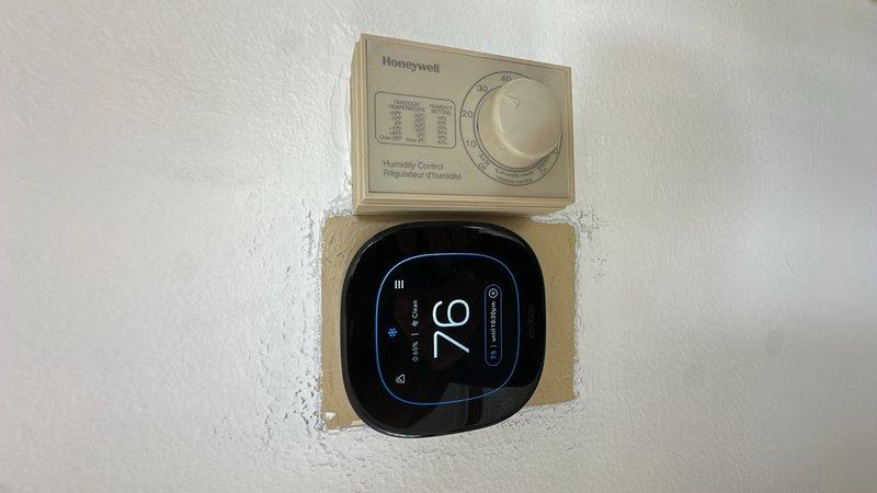 Completed cosmetic touch-up work around newly installed Ecobee smart thermostat. Applied paint to wall surface surrounding the thermostat installation area to provide finished appearance and match existing wall color. Work performed as part of installation completion at no additional charge to customer.
