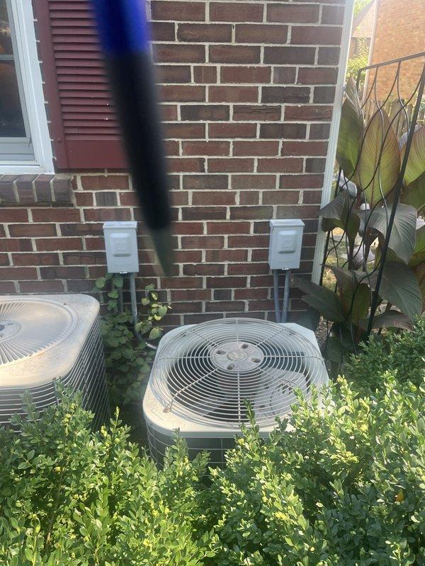 Conducted comprehensive assessment of two non-operational HVAC systems at residential property. Both air conditioning condenser units and corresponding furnace systems were evaluated for replacement due to complete system failure. Documented existing equipment configuration consisting of dual AC condensers positioned on concrete pad along exterior brick wall with associated indoor air handling components. Provided detailed replacement estimate covering removal of failed equipment and installation of new matched heating and cooling systems for both zones to restore climate control functionality to the residence.