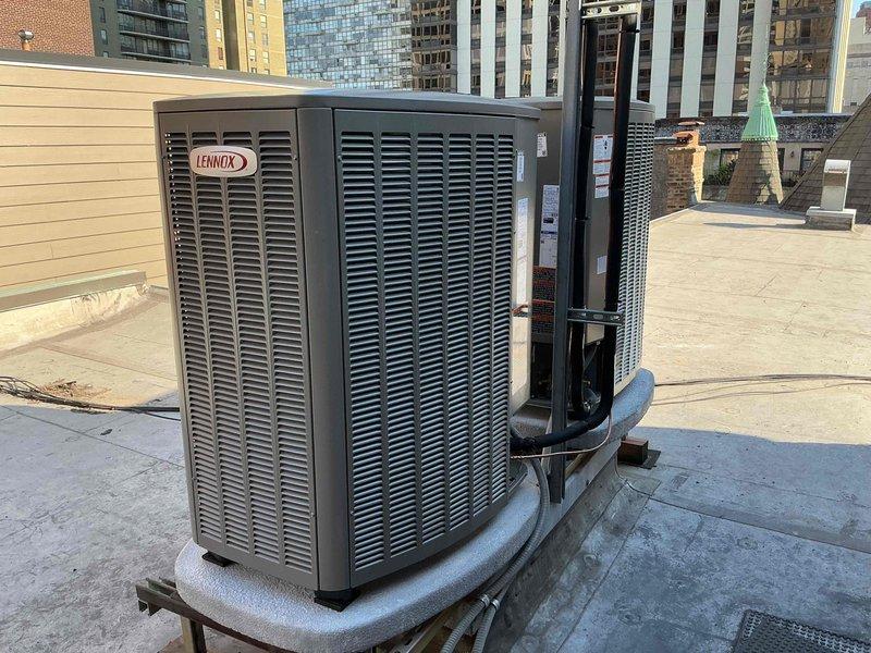 Completed full HVAC system replacement including removal and disposal of existing forced air furnace and air conditioning system. Installed new Lennox 66K BTU modulating variable speed blower furnace (Model SLP99UH070XV36BK3) in attic space, connecting to existing supply and return ductwork with necessary sheet metal transitions, gas line, electrical circuit, and exhaust system. Reclaimed refrigerant from old AC system and installed new Lennox 18 SEER2 3-ton variable speed air conditioning condenser (Model EL18KCV-036-2304) on rooftop in existing location. Removed existing lineset and installed new copper refrigerant lines from rooftop condenser to new evaporator coil inside. Installed new evaporator coil, secondary drain pan for furnace and coil, hockey puck style wet switch, and condensate pump. Evacuated system to remove moisture and air, then charged with R454B refrigerant. Performed complete startup, testing, adjustment, and safety inspection on all equipment to verify proper oper