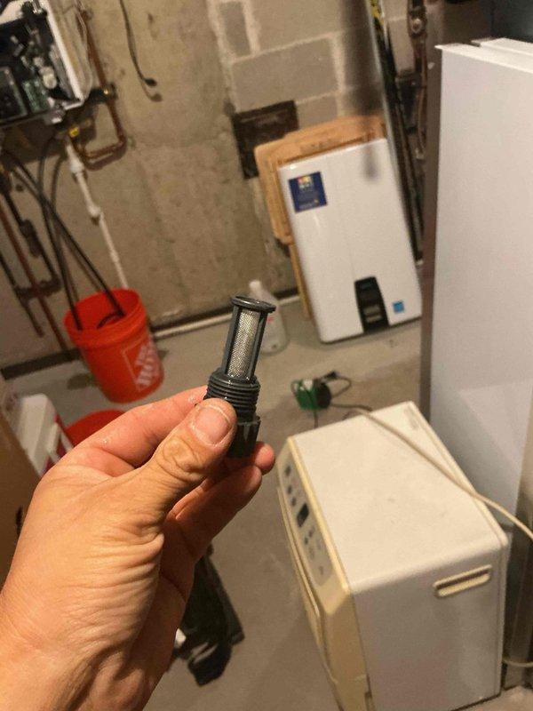 Completed tankless water heater flush service on wall-mounted unit. Removed and cleaned inlet screen filter to remove sediment buildup and restore proper water flow. Unit operational with digital display functioning normally, all connections secure, and no leaks detected upon completion.