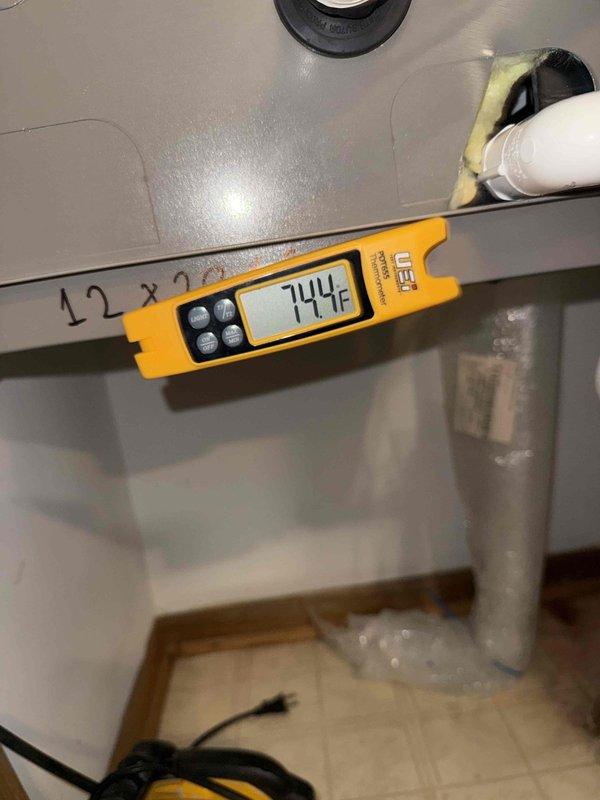 Returned to property with leak detection equipment to investigate potential refrigerant leak in HVAC system. Upon arrival, checked system pressures which were operating within normal parameters, consistent with previous visit findings. Utilized electronic leak detector (sniffer) to scan refrigerant lines, joints, and connections throughout the system but was unable to locate any active leaks at time of inspection.

Measured supply line temperature at 58°F and return air temperature at 74°F using calibrated digital thermometer. Temperature differential indicates system is currently operating properly with adequate refrigerant charge. Thoroughly inspected copper line set connections, evaporator coil access points, and condenser unit for signs of refrigerant loss. All accessible joints and fittings showed no evidence of active leaking at time of service call.

Previous leak sealant application appears to have successfully sealed the leak, as system pressures remain stable and no refrigera
