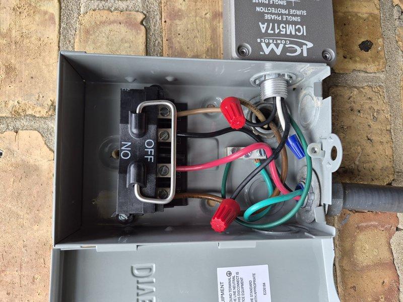 Replaced exterior electrical disconnect box for HVAC system. Installed new disconnect enclosure with ICM surge protection module rated for single-phase operation. Properly terminated and secured all electrical connections with appropriate wire nuts, routing conductors through conduit. Verified proper operation of disconnect switch with clearly marked ON/OFF positions. Collected final payment and discussed potential maintenance service scheduling.