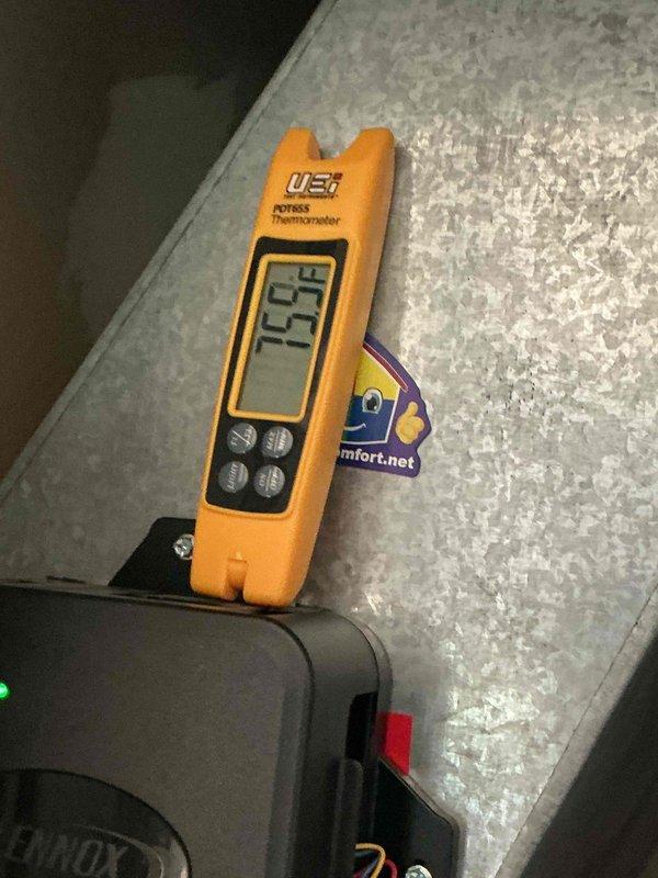 Replaced defective thermal expansion valve (TXV) on Lennox HVAC system under manufacturer warranty using part number 26Z70. Verified proper system temperatures and operation following installation, with supply air temperature measuring 60°F and refrigerant line temperature at 155°F, confirming appropriate system performance and successful completion of warranty repair.