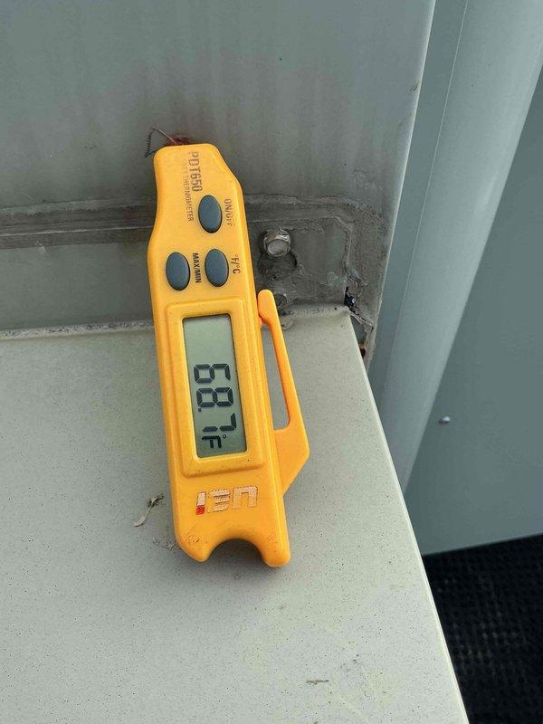 Responded to no cooling complaint on lower RTU servicing nursery and main office areas at church facility. Performed diagnostic temperature measurements on unit, documenting ambient conditions at 83.3°F, indicating inadequate cooling performance. Completed thermal assessment and provided estimate for replacement equipment to restore proper climate control to affected spaces.