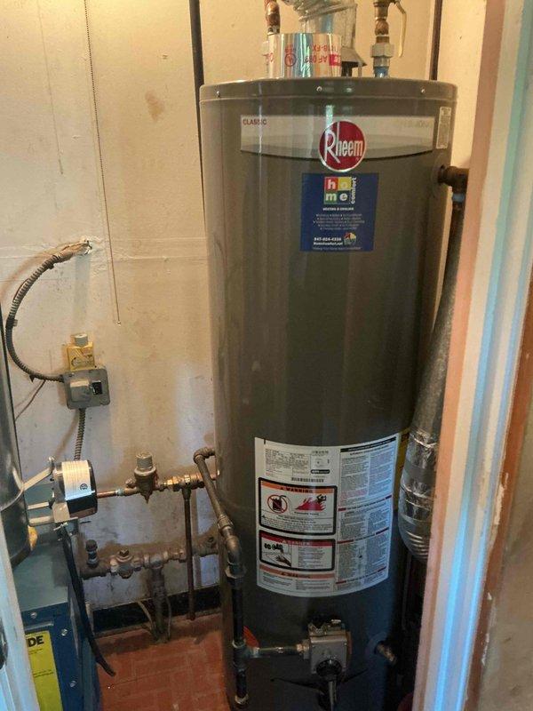 Completed comprehensive clean and check maintenance on residential boiler system and water heater per comfort plan agreement. Inspected Rheem water heater including pressure relief valve operation, temperature and pressure settings, anode rod condition, and all plumbing connections; verified proper combustion, venting, and burner operation. Performed full maintenance on boiler unit with mounted expansion tank, checking all copper piping connections, shut-off valves, circulator pump operation, pressure levels, and system controls to ensure optimal heating performance for the upcoming season.