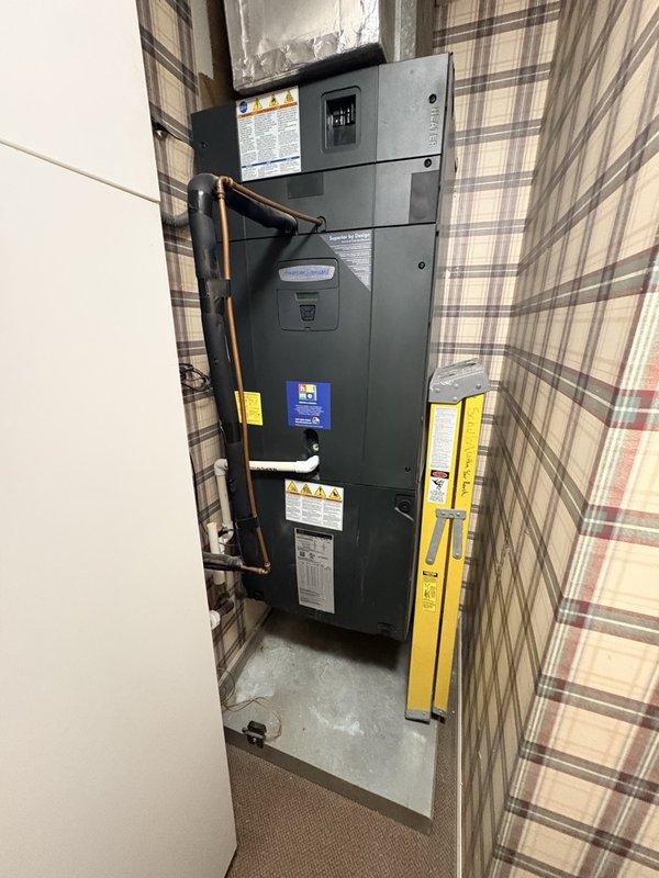 Completed fall preventative maintenance and clean-and-check service on residential air handler system located in utility closet. Performed comprehensive inspection of unit including verification of proper operation, cleaning of components, examination of refrigerant lines and insulation, and review of all safety labels and manufacturer specifications. System found to be operating within normal parameters with no immediate concerns identified at time of service.