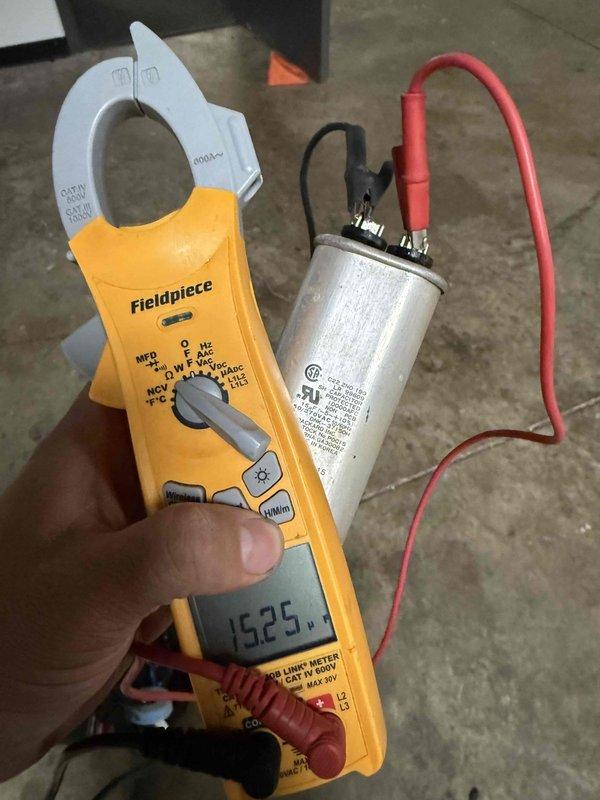 Completed fall preventative maintenance on commercial HVAC system per checklist requirements. Tested and verified capacitor readings at 152.5 microfarads using clamp meter, confirming proper electrical operation. Replaced air filters with new units and documented updated equipment and filter specifications for system records.