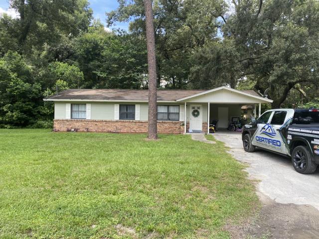 Ocala, FL - Remove old Plywood and Shingle replace with new plywood and GAF Timberline HDZ Weathered Wood Shingle Install half-lapped GAF Feltbusters underlayment to building code specifications. Install new Bullet Boot Shields on all plumbing projections. Install new Weatherwatch IWS in all valleys. Install 1.75 face Aluminum eave drip. A Lifetime Warranty to be issued by manufacturer. Ocala, FL - Remove old Plywood and Shingle replace with new plywood and GAF Timberline HDZ Weathered Wood Shingle Install half-lapped GAF Feltbusters underlayment to building code specifications. Install new Bullet Boot Shields on all plumbing projections. Install new Weatherwatch IWS in all valleys. Install 1.75 face Aluminum eave drip. A Lifetime Warranty to be issued by manufacturer.