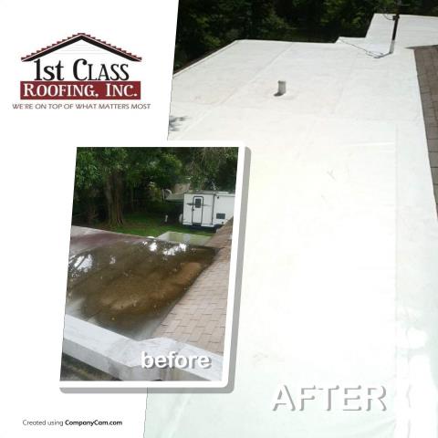 Lakeland, FL - Homeowner called in to have her flat roof re-roofed. We tore of the old flat roof material and inspected the deck for damaged or rotting wood. We mechanically attached 1/2" Fanfold Insulation Board and Durolast 50mil PVC to the roof and heat welded the laps. Lakeland, FL - Homeowner called in to have her flat roof re-roofed. We tore of the old flat roof material and inspected the deck for damaged or rotting wood. We mechanically attached 1/2" Fanfold Insulation Board and Durolast 50mil PVC to the roof and heat welded the laps.