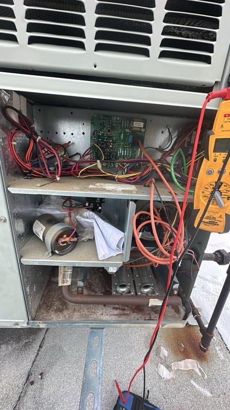 Responded to no heat complaint at rooftop unit. Performed diagnostic testing with multimeter on control board and electrical components. Identified faulty circuit board with visible corrosion at base of unit. Replaced control board, verified proper operation, and confirmed heat restoration.