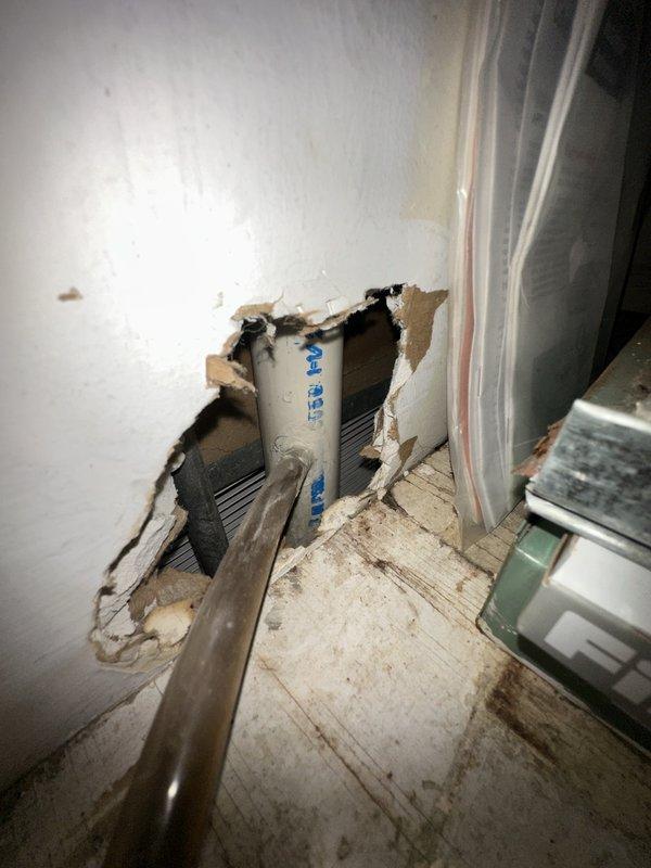 Completed free system inspection promotion, examining electrical panel and rooftop HVAC units. Discovered significant wall damage exposing PVC plumbing, with signs of water damage requiring repair. Documented existing HVAC equipment on commercial rooftop and provided quote for new outlet installation as requested.