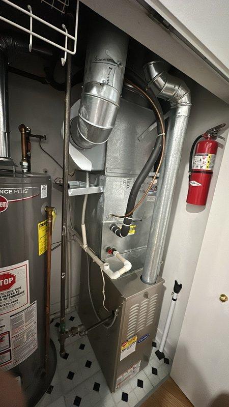 Completed comprehensive A/C preventative maintenance on residential HVAC system located in utility closet. Performed full system inspection of air handler unit, verified proper airflow through ductwork, checked electrical connections and wiring, inspected condensate drain line for proper operation, and confirmed all safety labels and equipment were in compliance. All components operating within normal parameters with no issues identified during this scheduled maintenance visit.