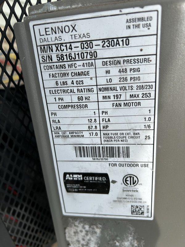 Responded to no cooling complaint on Lennox XC14-030-230A10 outdoor condensing unit. Upon arrival, found unit completely inoperative with no power to compressor or condenser fan motor. Inspected electrical connections at unit and found failed contactor with burned contacts preventing 24V call for cooling from energizing compressor and fan circuits. Verified proper voltage at disconnect and confirmed 208/230V 1-phase power supply within acceptable range per manufacturer specifications. Replaced defective contactor, secured all wire connections, and verified proper amperage draw on compressor (within rated RLA) and condenser fan motor. Cycled unit multiple times to confirm reliable operation. System now cooling properly with all components functioning as designed.