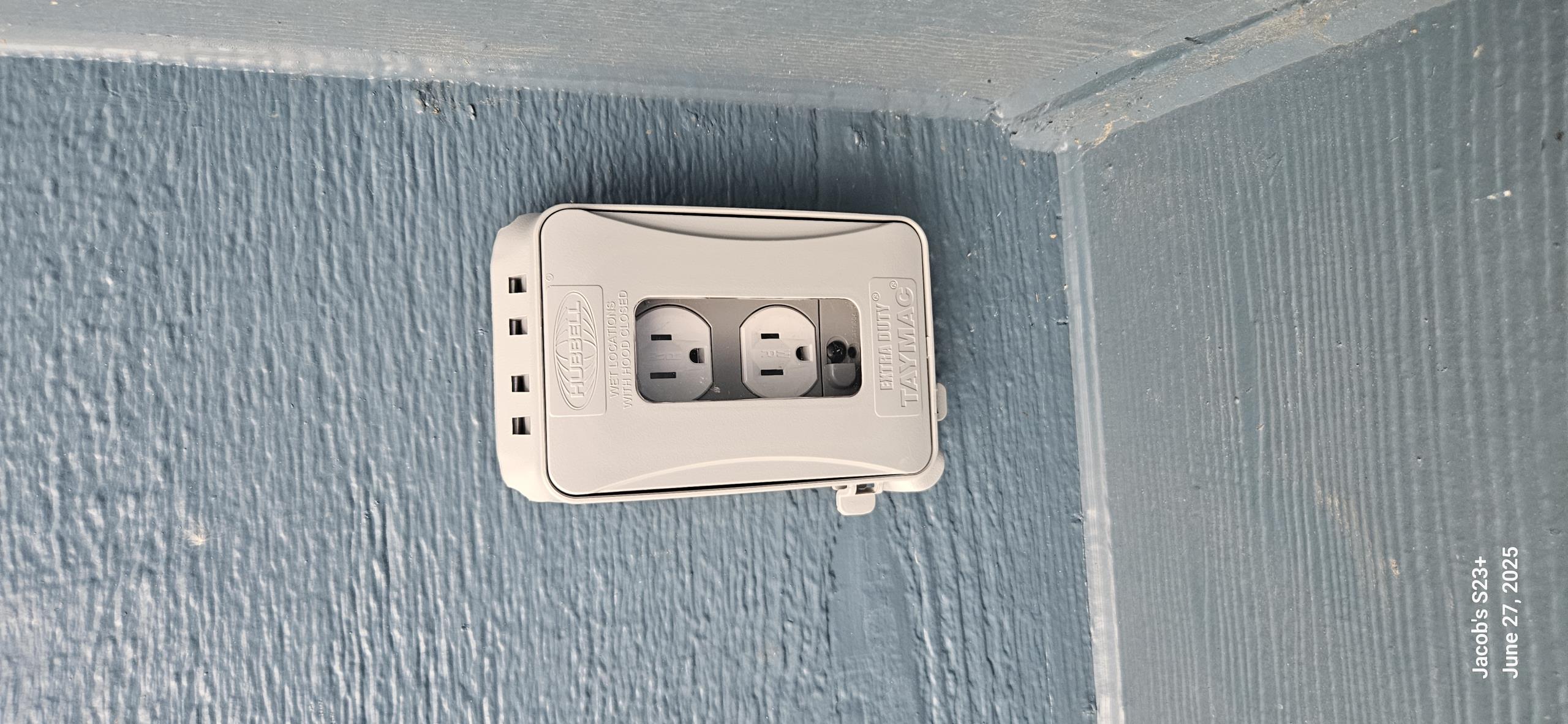 customer wants an outlet added in the soffit by back deck for Christmas lights/ possible outdoor TV. attic acces in garage, can be pulled from exposed garage circuit 