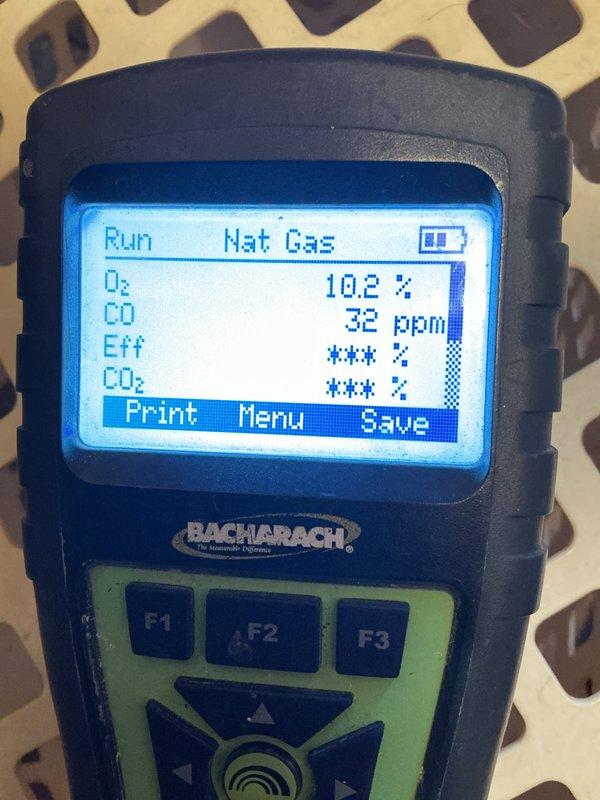 Performed heat maintenance on customer's furnace under CCH Renew agreement (expires 6/10/26). Conducted combustion analysis with Bacharach analyzer showing O₂ at 10.2% and CO at 32 ppm for natural gas system. Inspected electrical connections and ventilation system including PVC exhaust piping. Filter replacement not included (20x20x4).