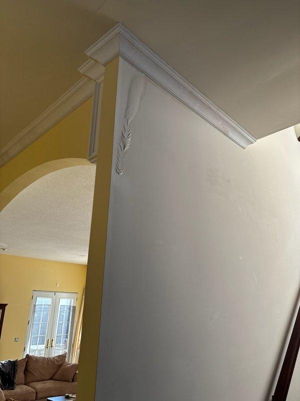 Responded to warranty call for newly installed upstairs HVAC unit with leaking condensation drain line. Inspection revealed water damage to downstairs ceiling and drywall. Documented moisture intrusion with photos for warranty claim processing.