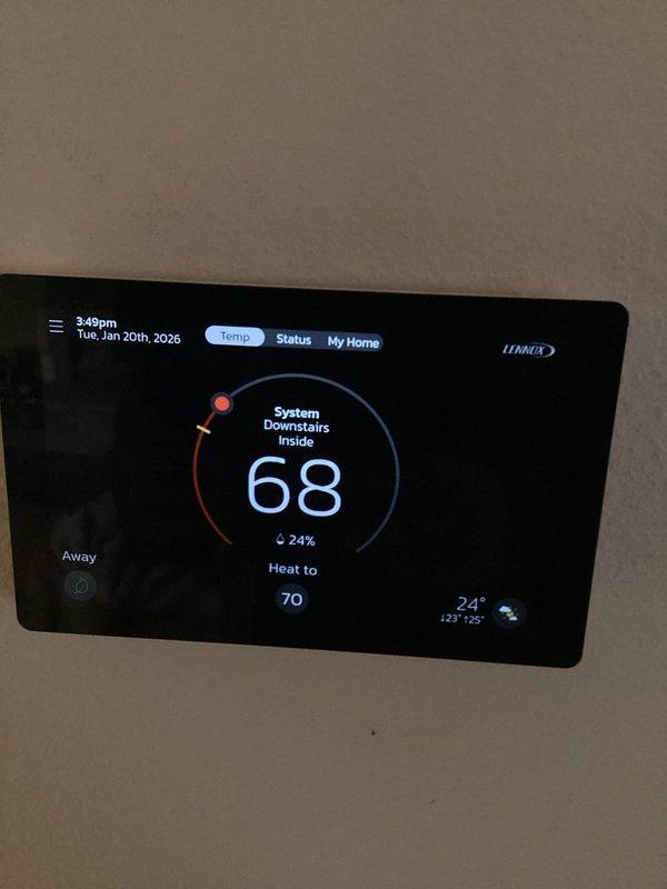 Responded to a no heat call for downstairs zone. Diagnosed temperature differential between thermostat reading (68°F) and actual downstairs temperature (60°F). Discovered supply air temperature was only 20.5°F, indicating system failure. Replaced defective Lennox furnace and verified proper operation with the smart thermostat now maintaining correct temperature settings.