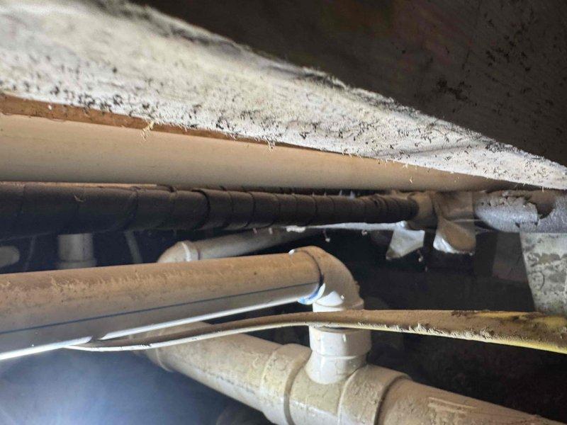 Technician returned to property to reroute condensate drain line to exterior of building as part of warranty service. Accessed crawlspace to modify existing PVC drainage system, ensuring proper installation through floor joists and connecting to exterior wall vent for appropriate condensate discharge.