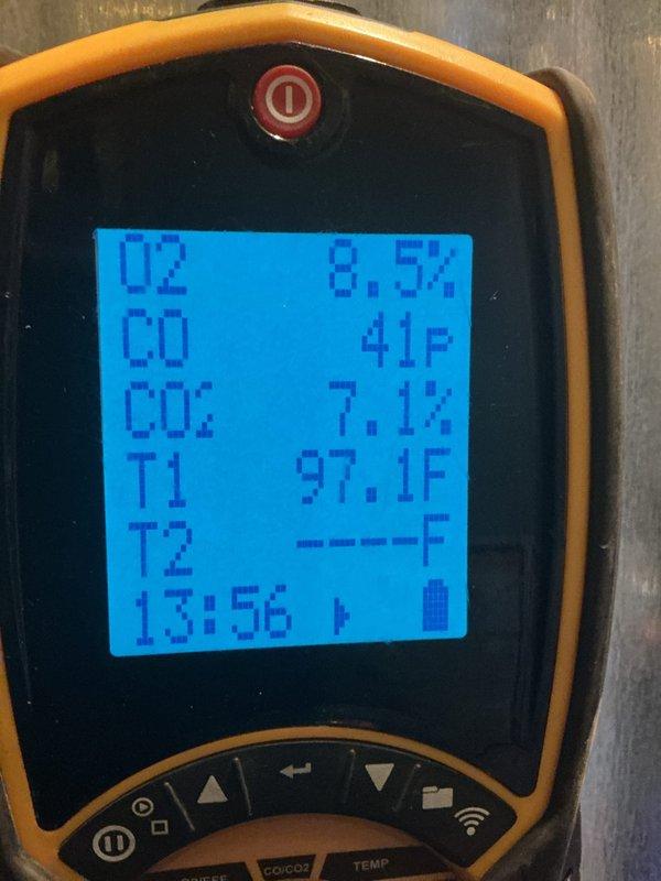 Performed annual heating maintenance on Carrier Infinity System. Conducted combustion analysis showing proper operation with O2 at 8.5%, CO at 41ppm, CO2 at 7.1%, and flue temperature at 97.1°F. System is operating efficiently with heat cycle functioning normally as verified on thermostat.